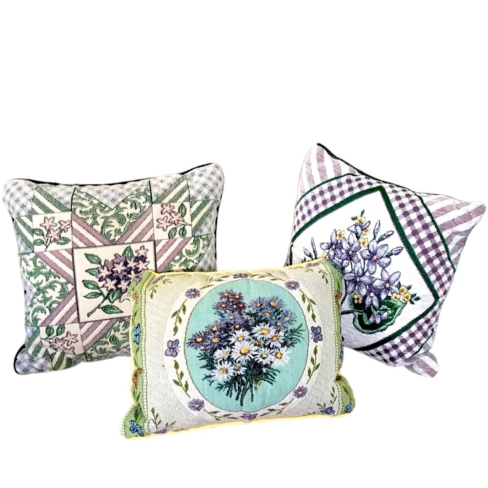 Lot Of 3 Vintage Floral Needlepoint Cottagecore Throw Pillows Purple And Greens